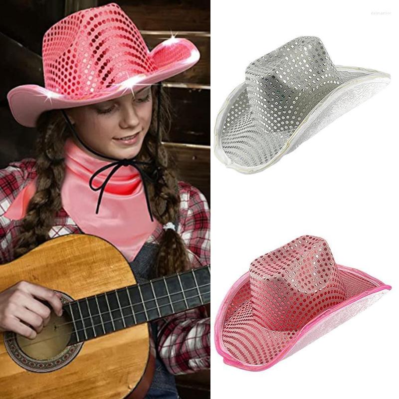 

Berets Western LED Luminous Tiara Cowgirl Hat For Women's Costume Sequins Cowboy Jazz Fashion Party Warped Wide Brim Caps, Pink