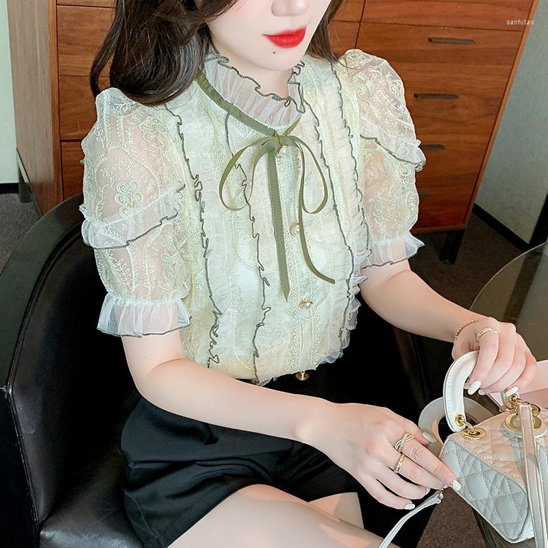 

Women' Blouses Summer French Style Bubble Sleeve Light Luxury Heavy Industry Stand Collar Lace Embroidery Crochet Shirt Female 122G, As the picture