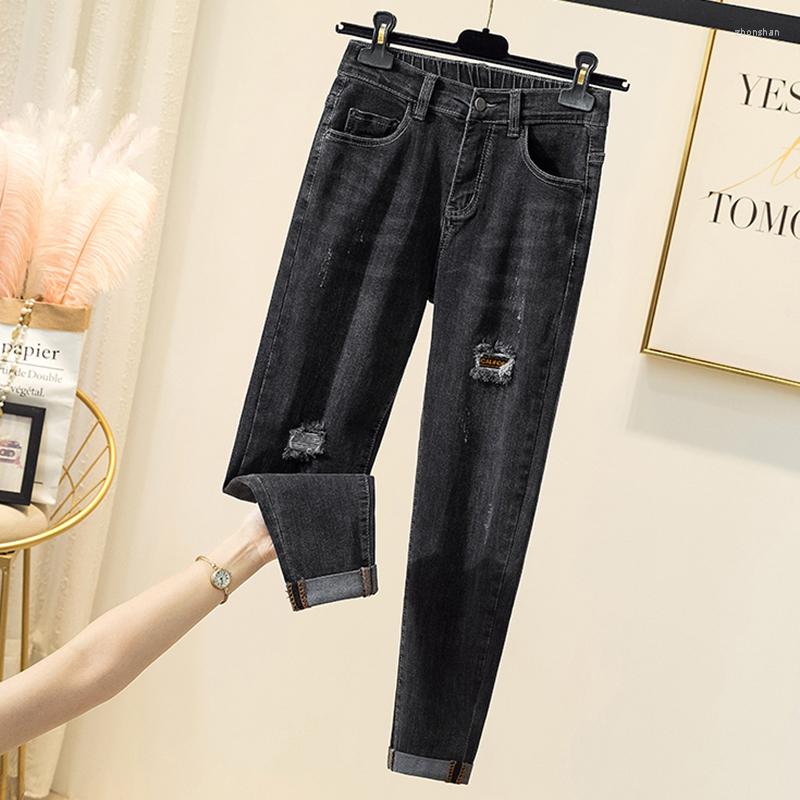 

Women's Jeans Fake Hole Cuffs Women's Patches Scratched Harem Pants Half Elastic Waist Ankle Length Denim Mujer Plus Size Stretch Cowboy, X-black