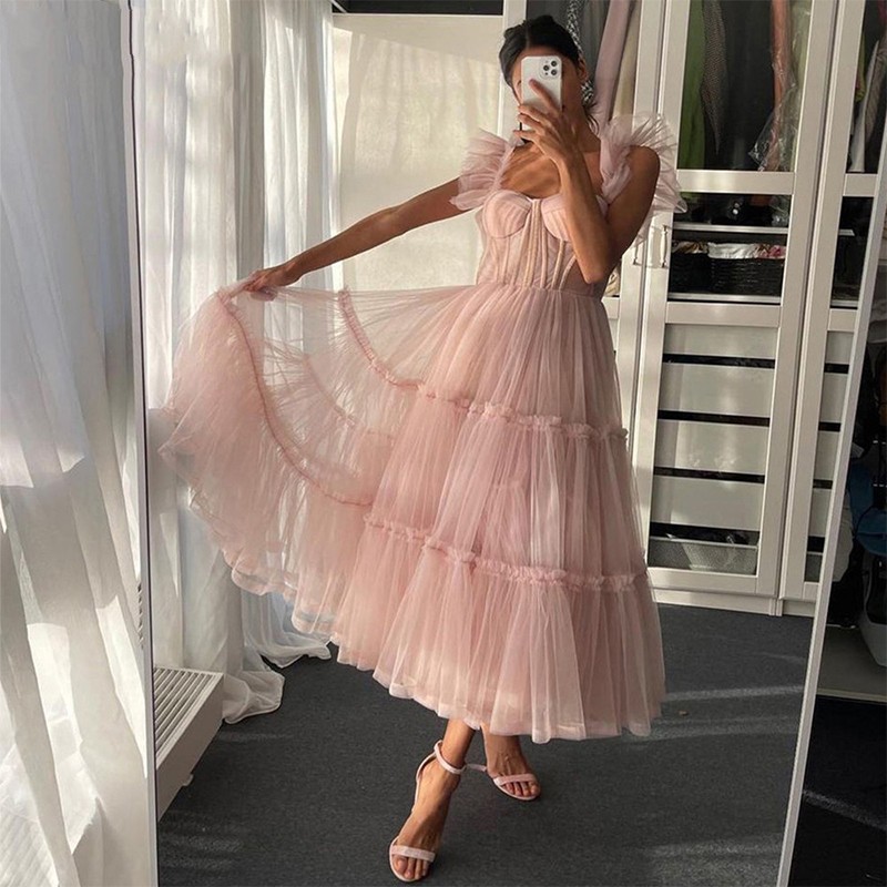 

2023 Simple Pink Short Prom Dresses Spaghetti Straps Tiered Tulle Tea-Length Birthday Party Dress Evening Wear Robes De Soiree Vestidos Gala, Champagne