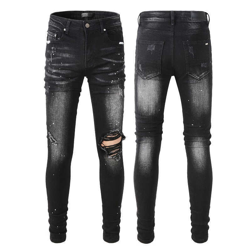 

Black Ripped Painted Jeans For Man Guys Denim Mens Skinny Biker Slim Knee Spray on Damaged Distressed Fit Street With Hole Long Straight, 845