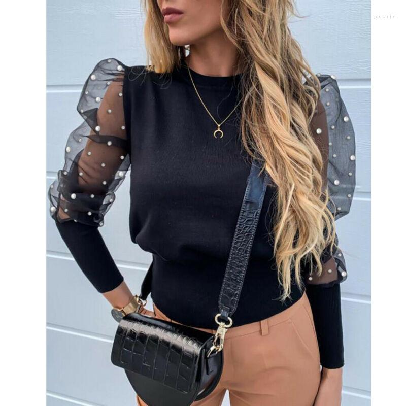 

Women' Blouses Women Sheer Mesh See-Through Blouse Fashion Elegant Slim Puff Long Sleeve Tops Shirt Female Solid Casual Ladies, Black