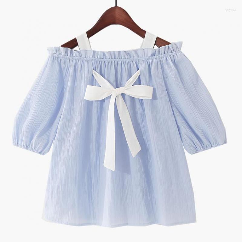 

Women's Blouses Summer Sweet Ladies Women Blue White Bow Patchwork Slash Neck Puff Short Sleeve Blouse Casual Ruffle Chiffon For Woman, Pink