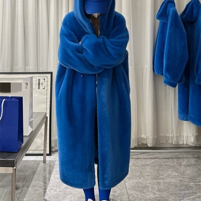 

Women' Fur Faux Lautaro Winter Long Oversized Warm Thick Blue White Fluffy Coat Women with Hood Loose Casual Korean Style Fashion 221010