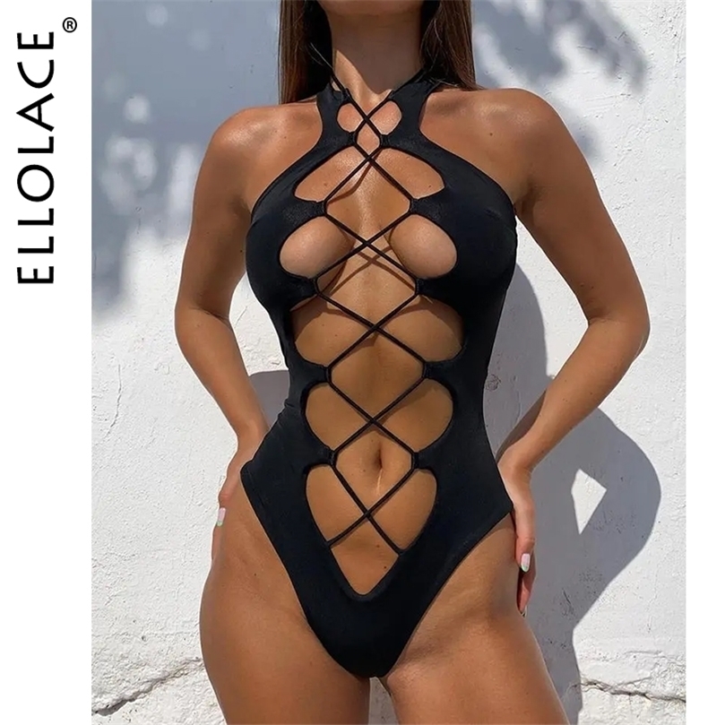 

Sexy Set Elace Bandage Womens Swimsuit Hollow Out Swimwear Extreme Microbikini Bodysuit Whole Halter Bathing Suit 221010, Black