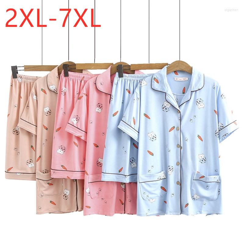

Women's Tracksuits 2022 Ladies Summer Plus Size Pajamas For Women Short Sleeve Cotton Print Shirt And Shorts Home Wear Suit 3XL  5XL 6XL, Blue