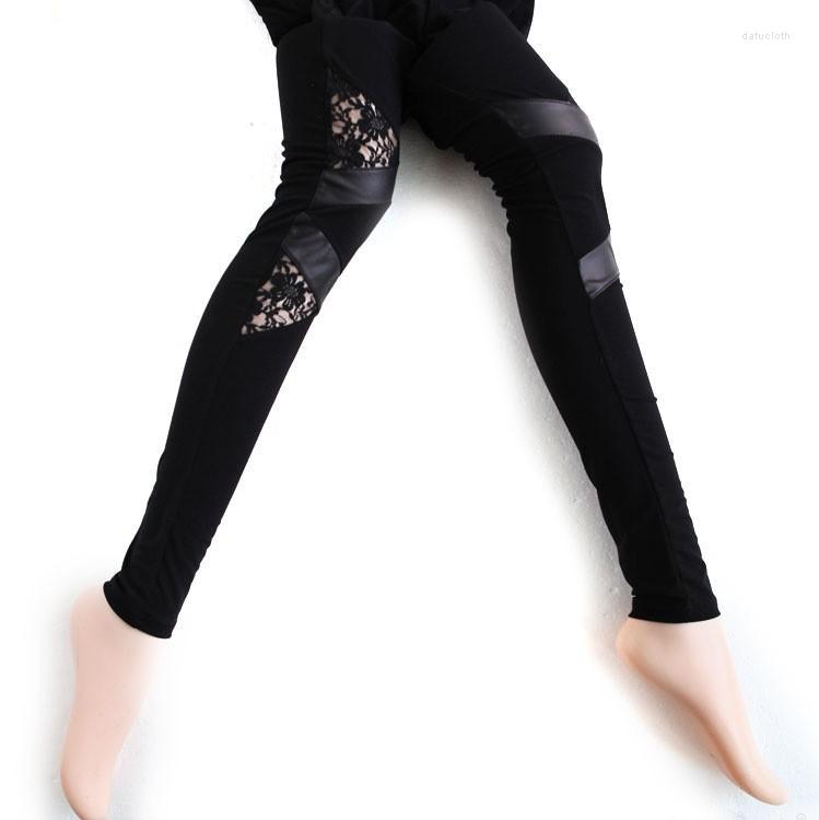 

Women's Leggings Sexy Black Floral Lace Leather Fashion Punk Patchwork Pants Hallow Out Pant Women Lady Capris