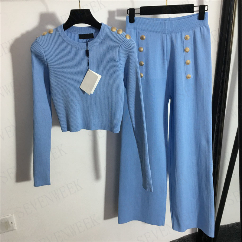 

Gold Buckle Sweaters Pants Casual Suits Womens Knits Tops Designer Clothing High Waist Wide Leg Trousers, White