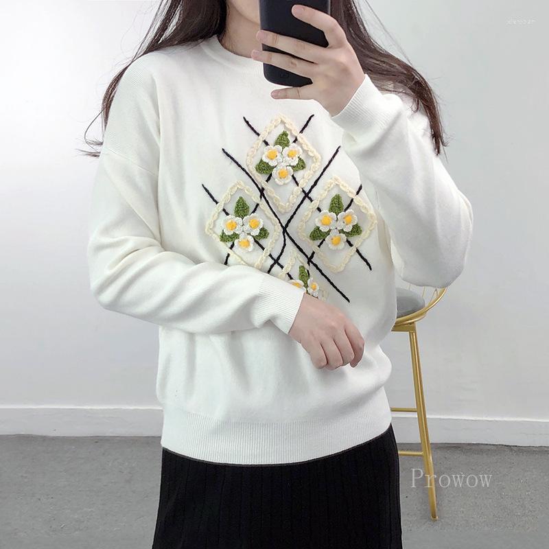 

Women' Sweaters 3D Hook Flower Embroidery White Sweater Women Black Pullover Jumpers 2022 Autumn Winter Round Neck Long Sleeve Top