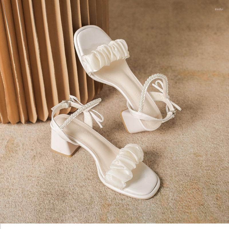

Dress Shoes Sandals 2022 Zapatos Summer Fashion Bow Pleated Pearl One Word Belt Thick Heel High Heels Women Chaussure Femme, White