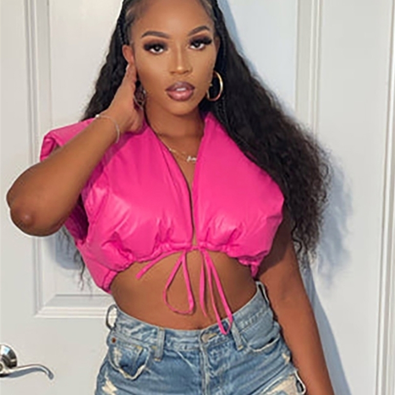 

Womens Vests Kliou Solid Shiny Cropped Jacket Women Sleeveless Drawstring Bandage VNeck Short Coat Female Autumn Casual Allmatch Streetwear 221010, Black