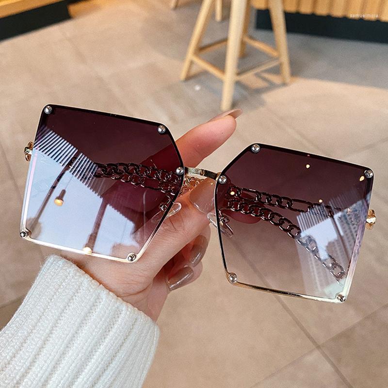 

Sunglasses Rivet Rimless Sun Glasses For Women Fashion 2022 Summer Square Vintage Alloy Chain Frame Female Shades