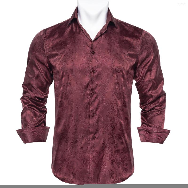 

Men' Casual Shirts Luxury Red Paisley Long Sleeve For Men Slim Fit Silk Clothing Social Office Male Dress, Yc-2309