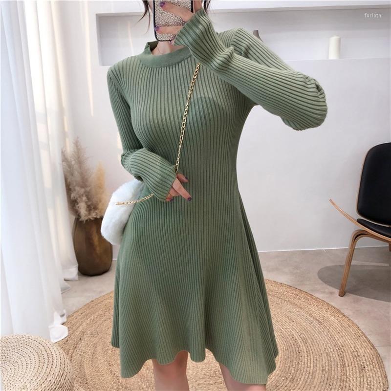 

Casual Dresses 2022 Autumn Winter Thick O-Neck Pleated Sweater Dress Women Long Sleeve Warm Knee-Length Female Clothing, Picture color3