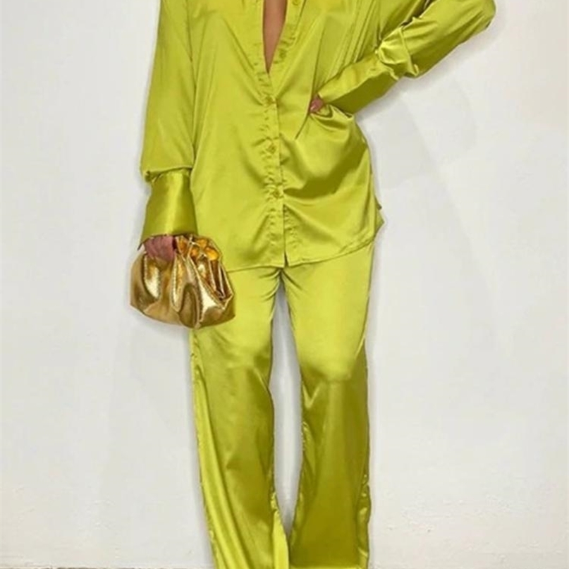 

Women's Pants Capris Elegant Satin Matching Sets Casual Long Sleeve Shirt Straight Suit Female Loose Solid Tops Two Pieces Outfits 221010, 04 orange shorts set