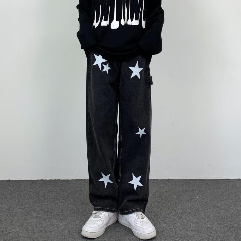 

Men' Jeans Pants Men' Hip Hop Retro Pentagram Straight Wide Leg Loose Women' Y2k Casual Men, Black