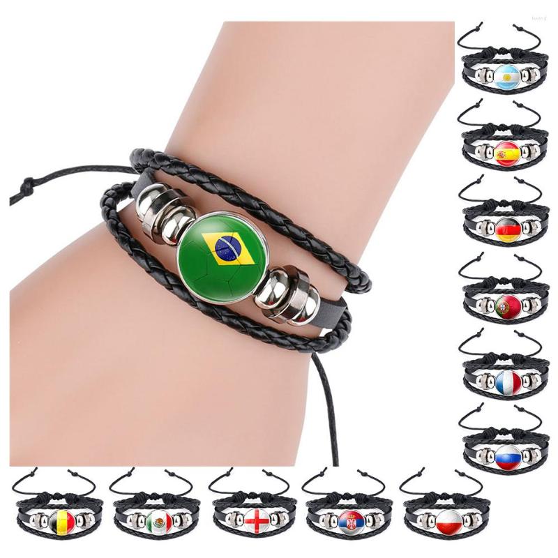 

Charm Bracelets Brazil Spain Serbia France Russia Flag Football Bracelet For Men Boys Glass Soccer Multilayer PU Leather Jewelry