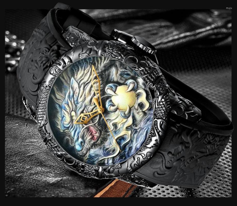 

Wristwatches Black Men Watches Fashion 3D Engraved Dragon Relogio Masculino Luxury 2022 Top Brand Quartz Watch Waterproof Sport Male Clock