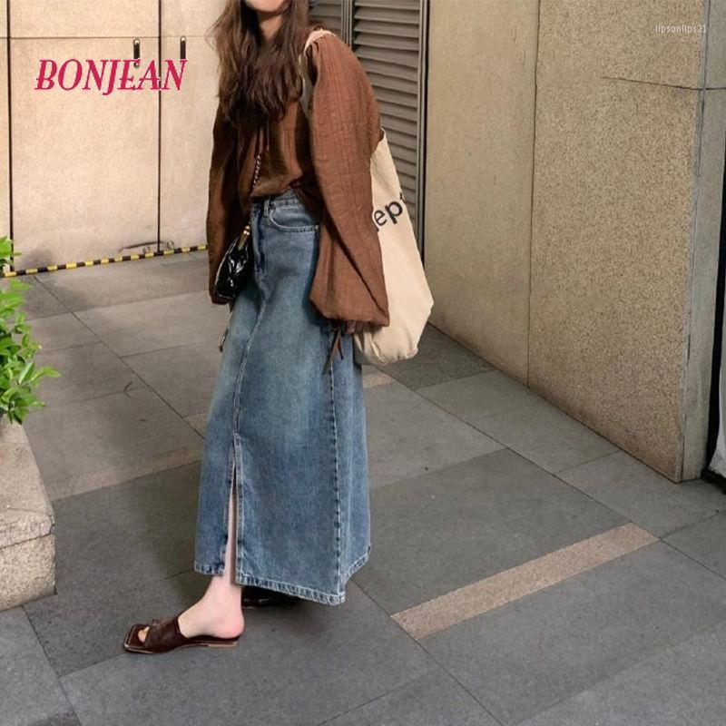 

Skirts Fashion Retro Long Summer Spring Denim Girls High Waist Button Loose Pockets Split Jeans Straight Maxi 2022, As picture showed
