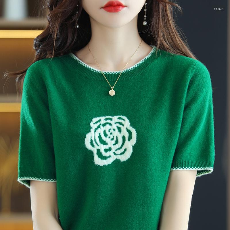

Women' Sweaters Women' Pullover Spring/Summer Wool T-Shirt Casual Embroidery Knit Sweater Short Sleeve Crew Neck Ladies Top Tees, Green