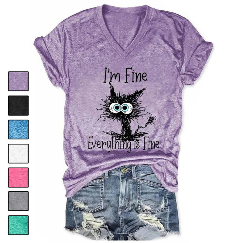 

European and American Short Sleeve Black Cat Print Pullover Loose T-shirt, Green