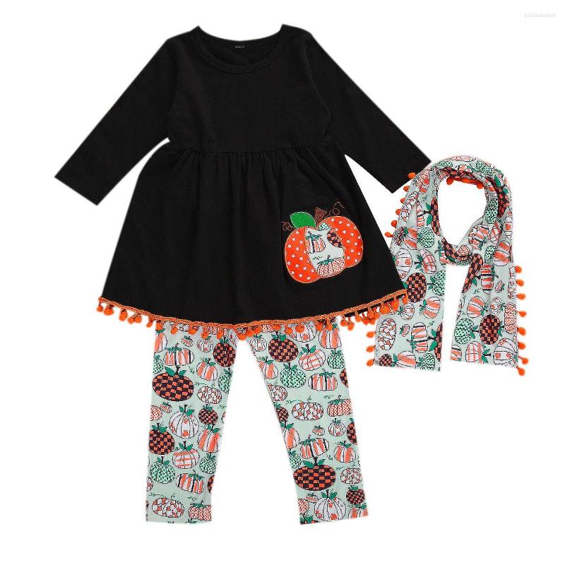 

Clothing Sets 3Pcs Baby Girls Halloween Kids Suit Set Pumpkin Outfits Long Sleeve Top Dress Shirt Trousers Scarf Black 1-6Years, Picture shown