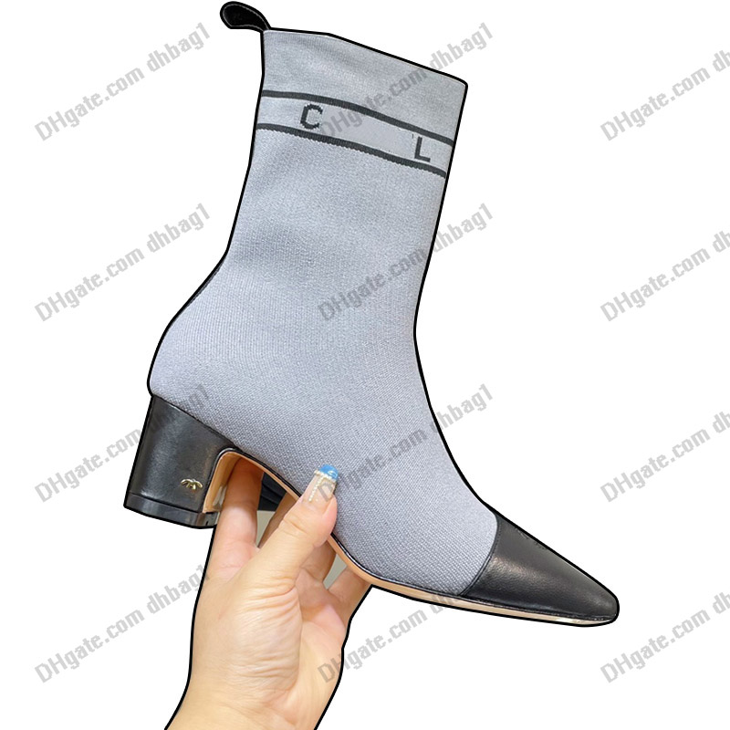 

Designer Womens Ankle Socks Fly Elastic Fabric Boots Sheep Real Leather Sole Chunky Heels 6cm Slip-on Pointed Toes Letter Grey Elegant Boot With Dress Shoe Hoodies, Black