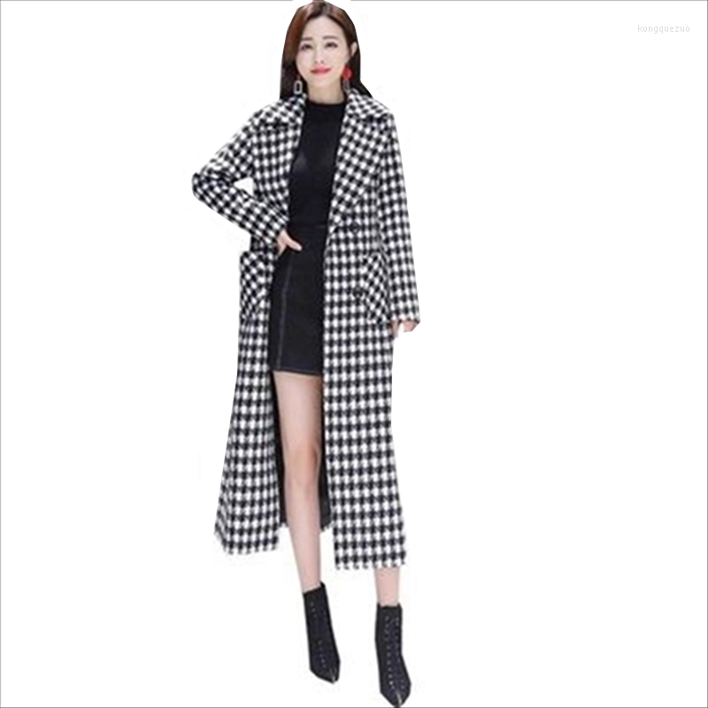 

Women's Trench Coats Fashion Woolen Coat Female Long Houndstooth Overcoat Ladies Autumn Winter Slim High Quality Thick Wool Jacket Women, Plaid