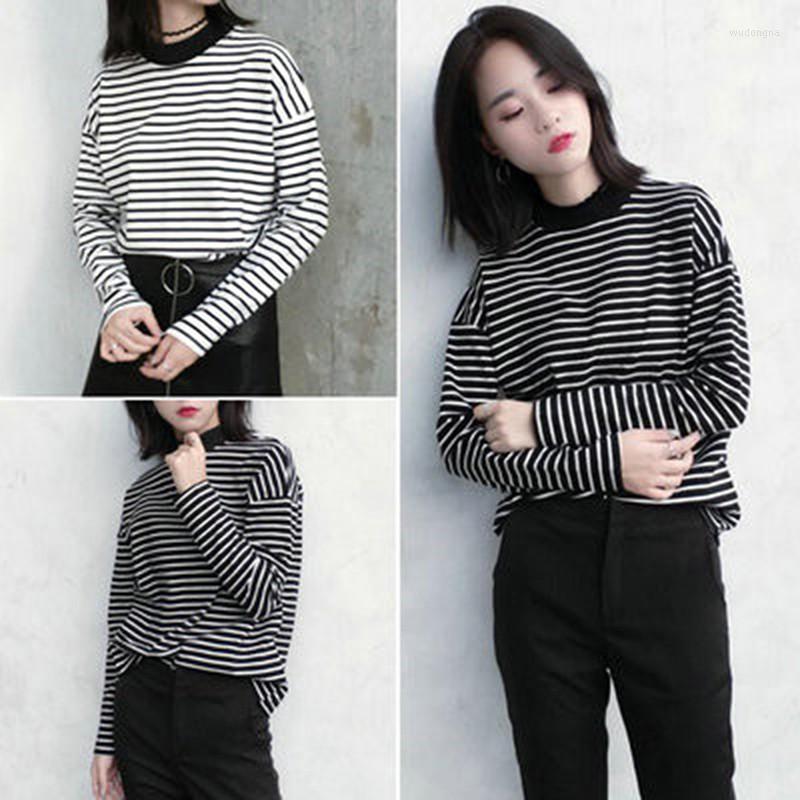 

Women's T Shirts 2022 Autumn Women Shirt Fashion Clothing Lady O Neck T-Shirt Causal Black White Strip Long Sleeve Top For Female