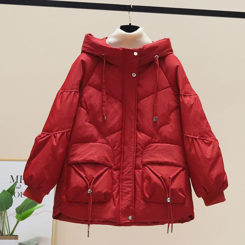 

Women's Trench Coats Red Shiny Winter Padded Jacket Women 2022 Thick Warm Coat Female Hooded Loose Short Bread Clothes Outerwear, Black