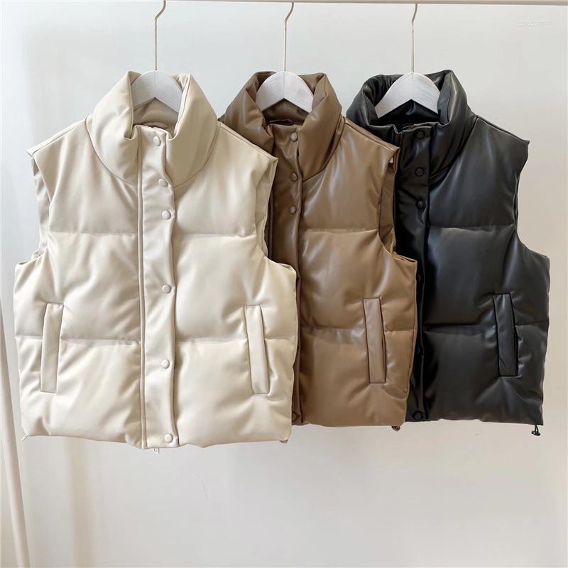 

Women' Vests ZXQJ Women Solid Faux Leather Cotton Vest 2022 Winter Fashion Ladies Casual Thick Warm Sleeveless Parka Female Zipper Outwear, Beige