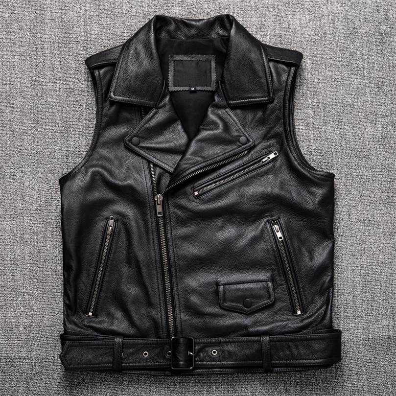 

Mens Vests Black Motorcycle Biker Leather Vest Men Genuine Leather Oblique zipper Sleeveless Jackets High Quality Cowhide Vests 221010, Black cowhide