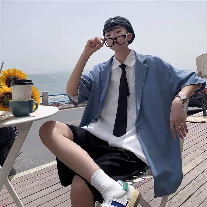 

Men' Suits Men City Boy Summer Blazer Half Sleeve Streetwear Handsome Loose Draped Single Button Coat Jackets Shirts Solid Chic Tops Blouse, Black