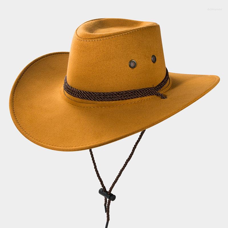 

Berets Western Cowboy Hat Suede Outdoor Tourism Fishing Sun Cap Sunscreen With Wind Rope Men And Women Horseback Riding, Black