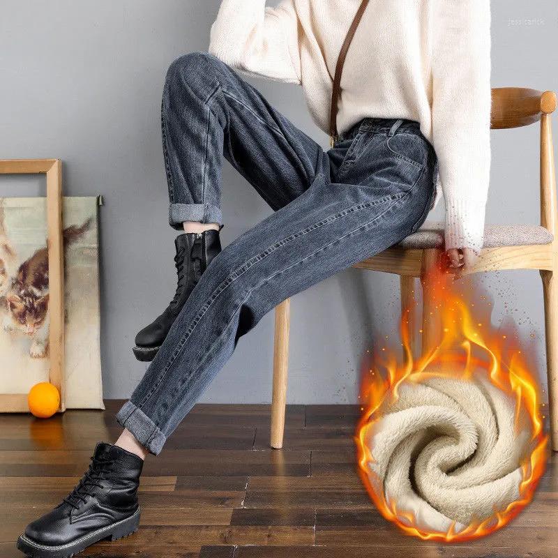 

Women's Jeans Casual 34 Size Fleece Winter Women Elastic High Waist Thicken Harem Korean Fashion Wash Baggy Warm Denim Pants, Black