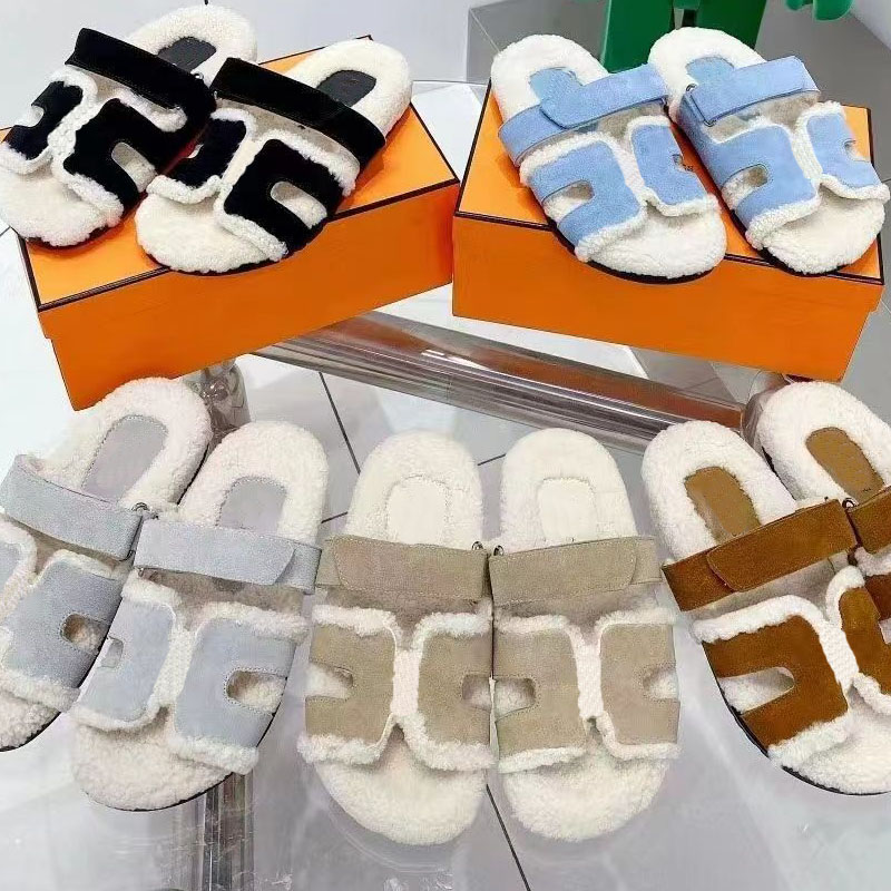 

2022 Designer Women Bedroom Home wool Slides slippers classic Luxury Fur Fluffy Furry Warm sheepskin Sandals Autumn Winter Slides cotton Flat slipper Size shoe 35-40