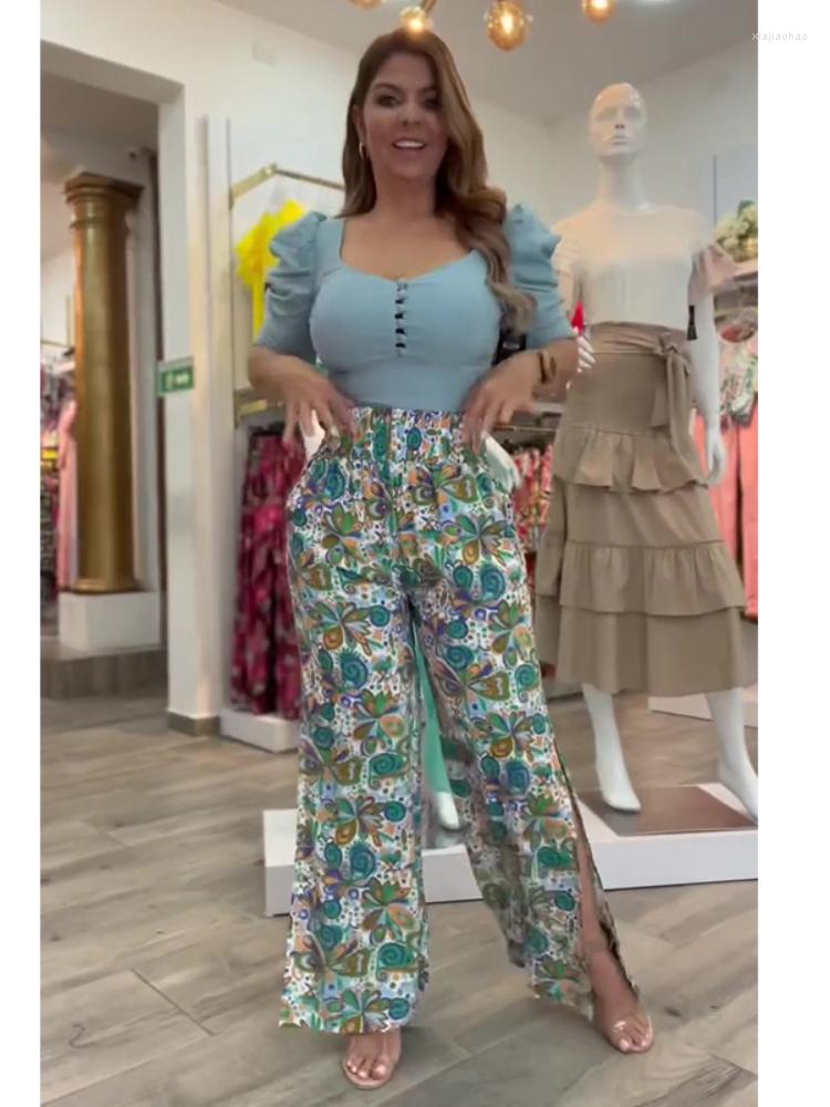 

Women' Two Piece Pants Summer Suit Square Neck Short Sleeve Shirt Print High Waist Wide Leg Set Casual Sweet Long 2022