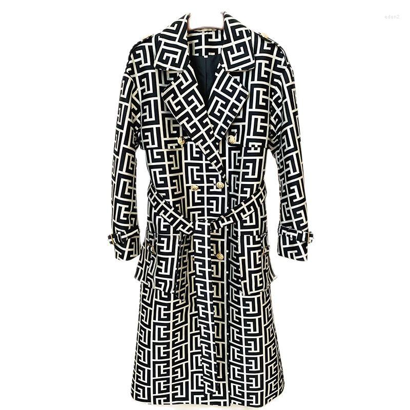 

Women' Trench Coats Geometric Plaid Metal Button Double Breasted Belt Extended Women Windbreaker Lady Streetwear Clothing, Black
