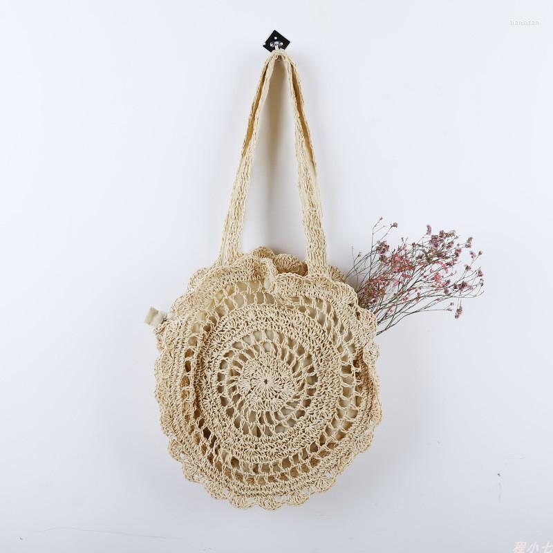 

Evening Bags Hand-woven Straw Bag Ladies Hollow Handbag Round Rattan Large-capacity Summer Leisure Travel Beach, Beige