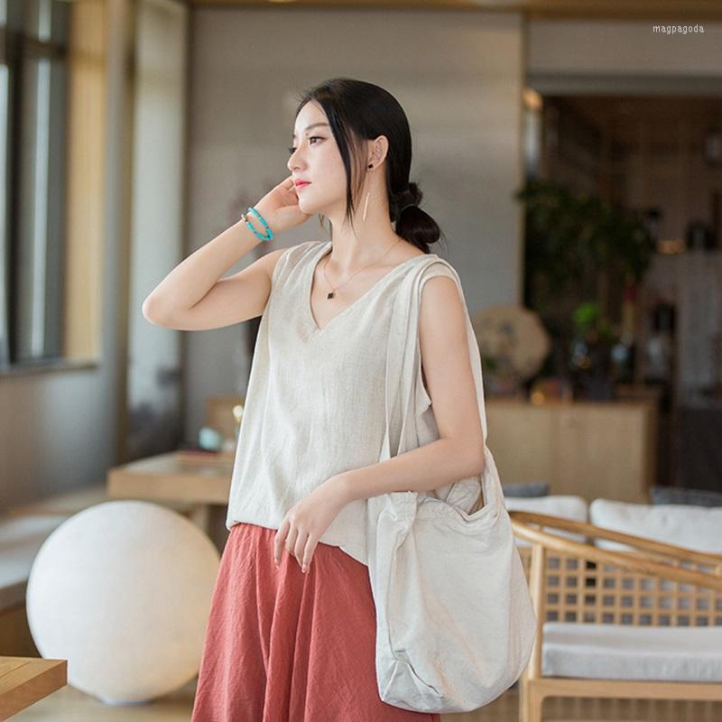 

Ethnic Clothing Women Cotton Linen Vests Tank Solid Color V-Neck Sleeveless 2022 Summer Loose Vintage G375