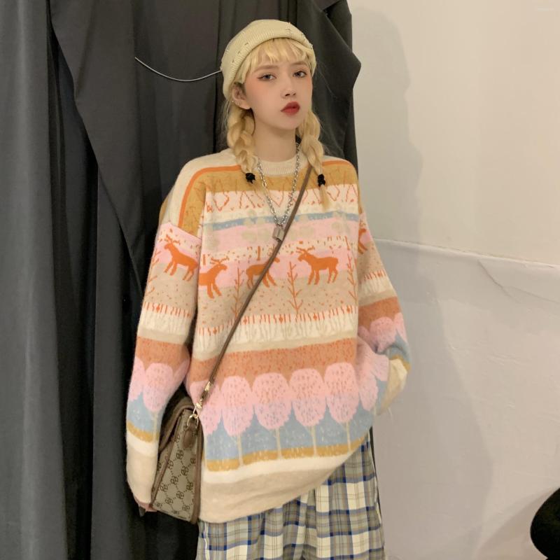 

Women's Sweaters Autumn Winter Women Loose Knit Christmas Sweater Color Block Animal Print Long Sleeve Round Neck Pullovers