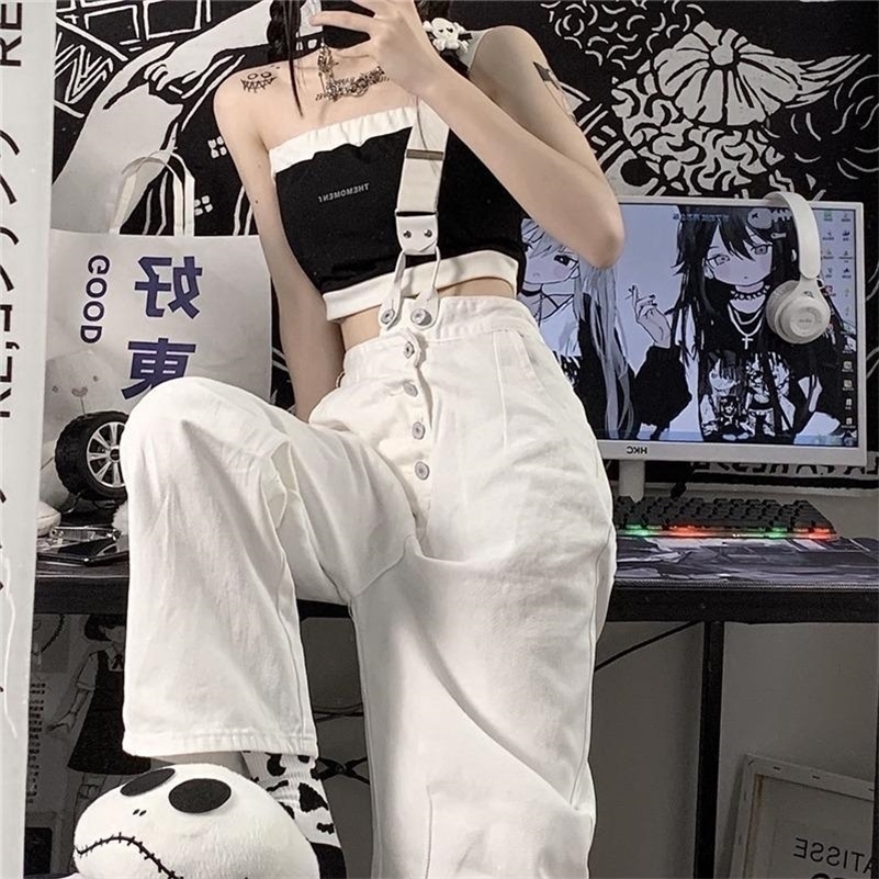 

Women's Jeans White suspenders female student trousers ins two wear design slim high waist one shoulder cross suspender jeans summer 221011