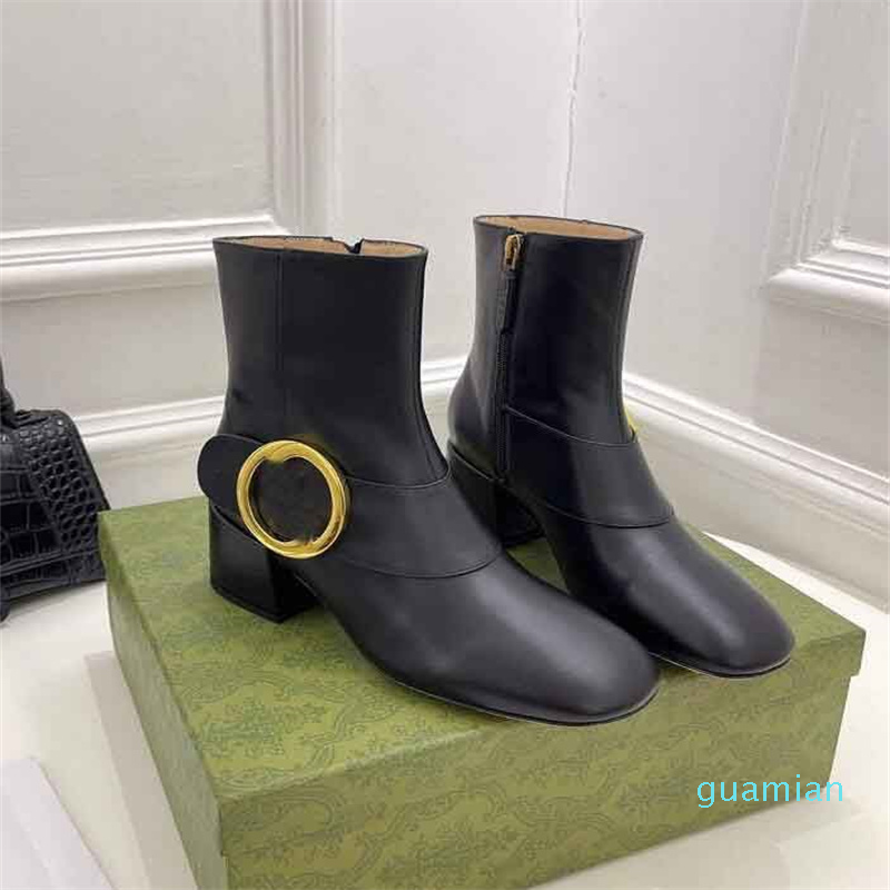 

Winer Blondie Women Ankle Boots Gold-toned Hardware Round Interlocking G-detail Booties White Black Leather Lady Combat Booty EU35-42