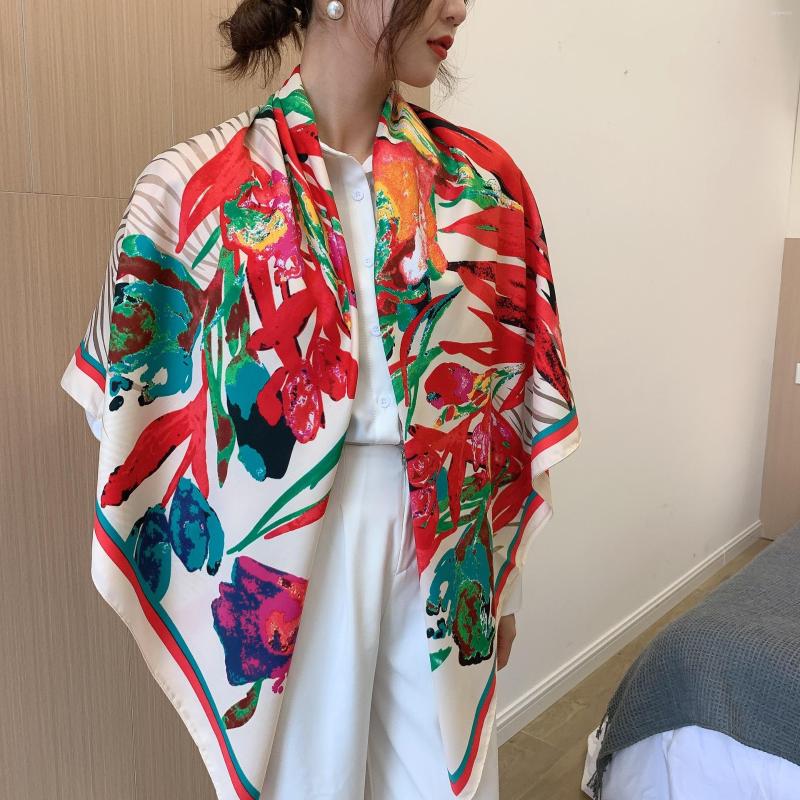 

Scarves 130 130cm Silk Women Foulard Head Scarf Ladies Shawl Wrap Muffler Pareo Bandanna Female Hijab Poncho Beach