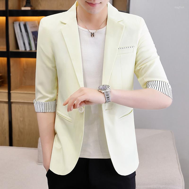 

Men's Suits HOO 2022 Summer Men's Short Sleeve Color Matching Blazer Youth Simple Casual Slim Fit Mid-Sleeve Blazers, White
