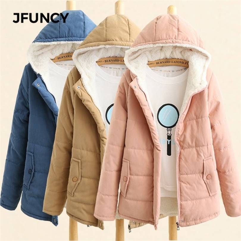 

Womens Down Parkas JFUNCY Women Winter Fleece Parkas Coat Korean Casual Jackets Cotton Hooded Windproof Warm Pink Khaki Velvet Coat for Women 221010