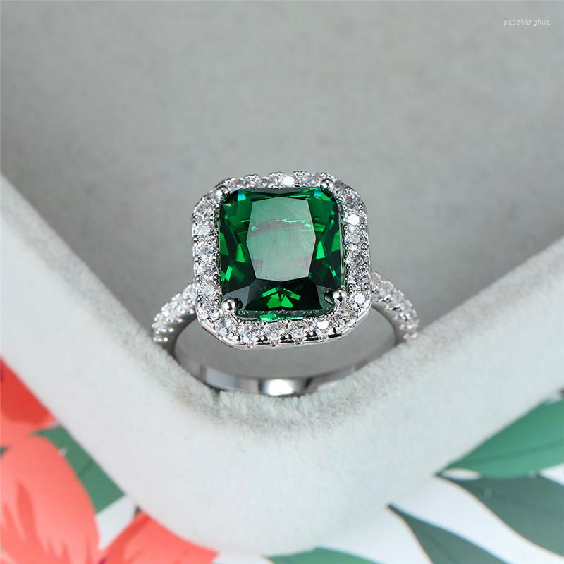 

Wedding Rings Cute Bridal Big Square Stone Engagement Ring Vintage Female Blue Green Crystal Silver Color For Women