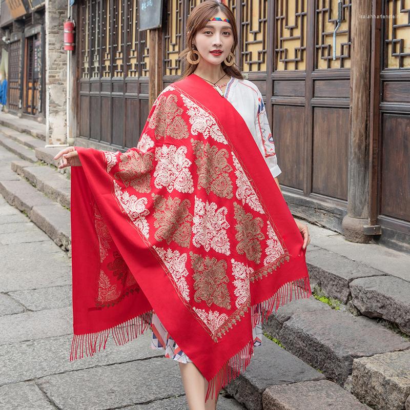 

Scarves Hand-Embroidered Embroidered Scarf Women'S Winter Ethnic Style Thick Double-Sided Warm Shawl Dual-Use Autumn Wild Long Bufanda