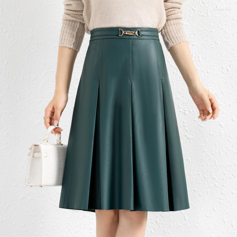 

Skirts Dark Green Genuine Leather A-Line Pleated Skirt Femme Sheepskin Umbrella Falda Midi Women High Waist Slim Gonna Pieghe, Black