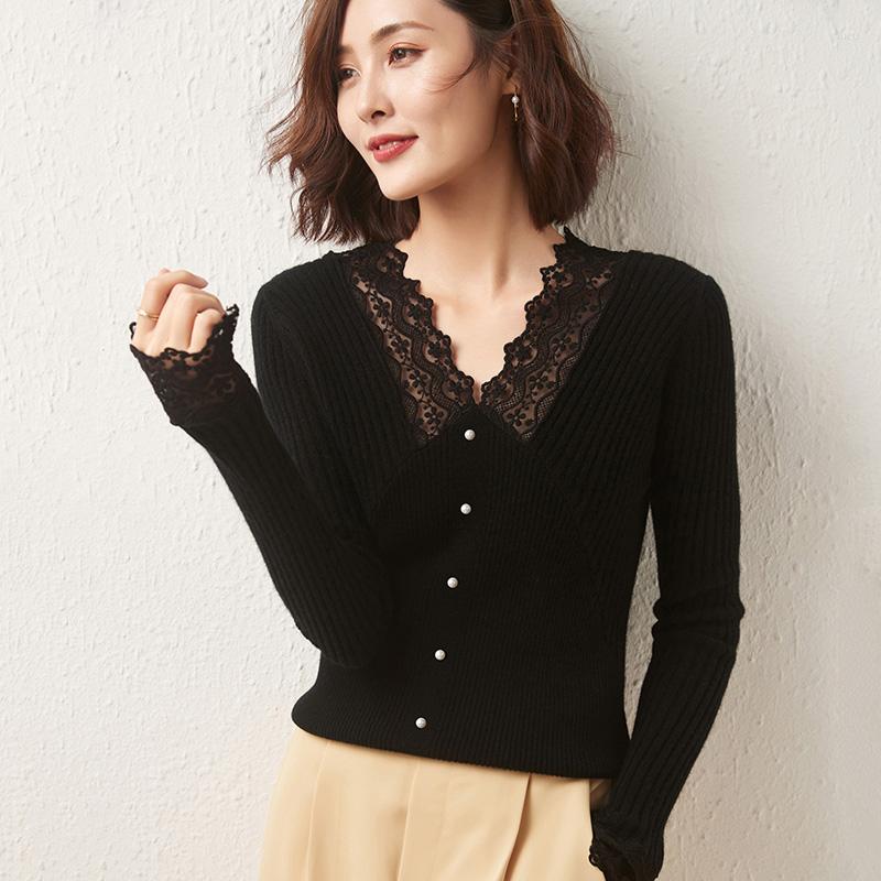 

Women' Sweaters 2022 Autumn Winter Women' Cashmere Sweater Lace Trim Knit Base Shirt Pure Wool Slim Pullover V-Neck Wild ElasticityTop, Black